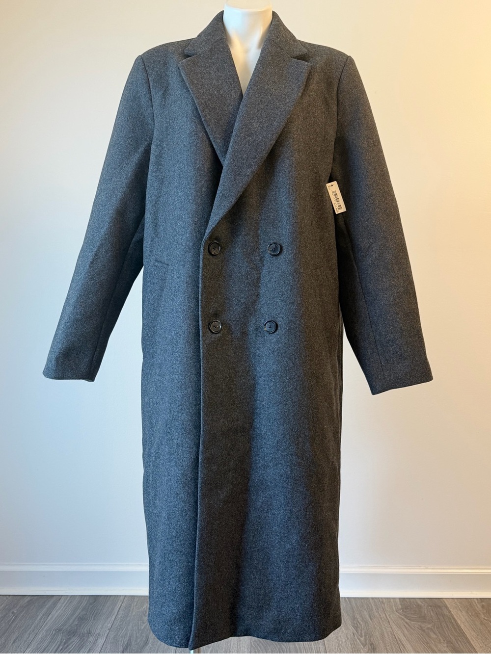 Double-Breasted Relaxed Fit Longline Pea Coat - Charcoal Gray